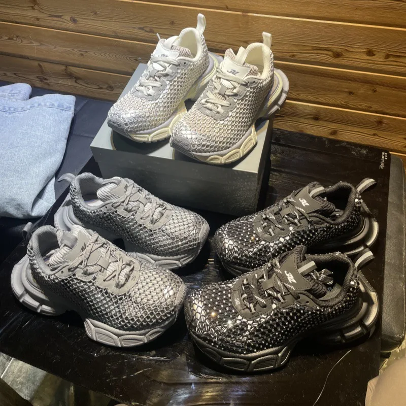 

2025 spring fishing net rhinestone dad shoes color matching old thick sole heightening couple shoes men