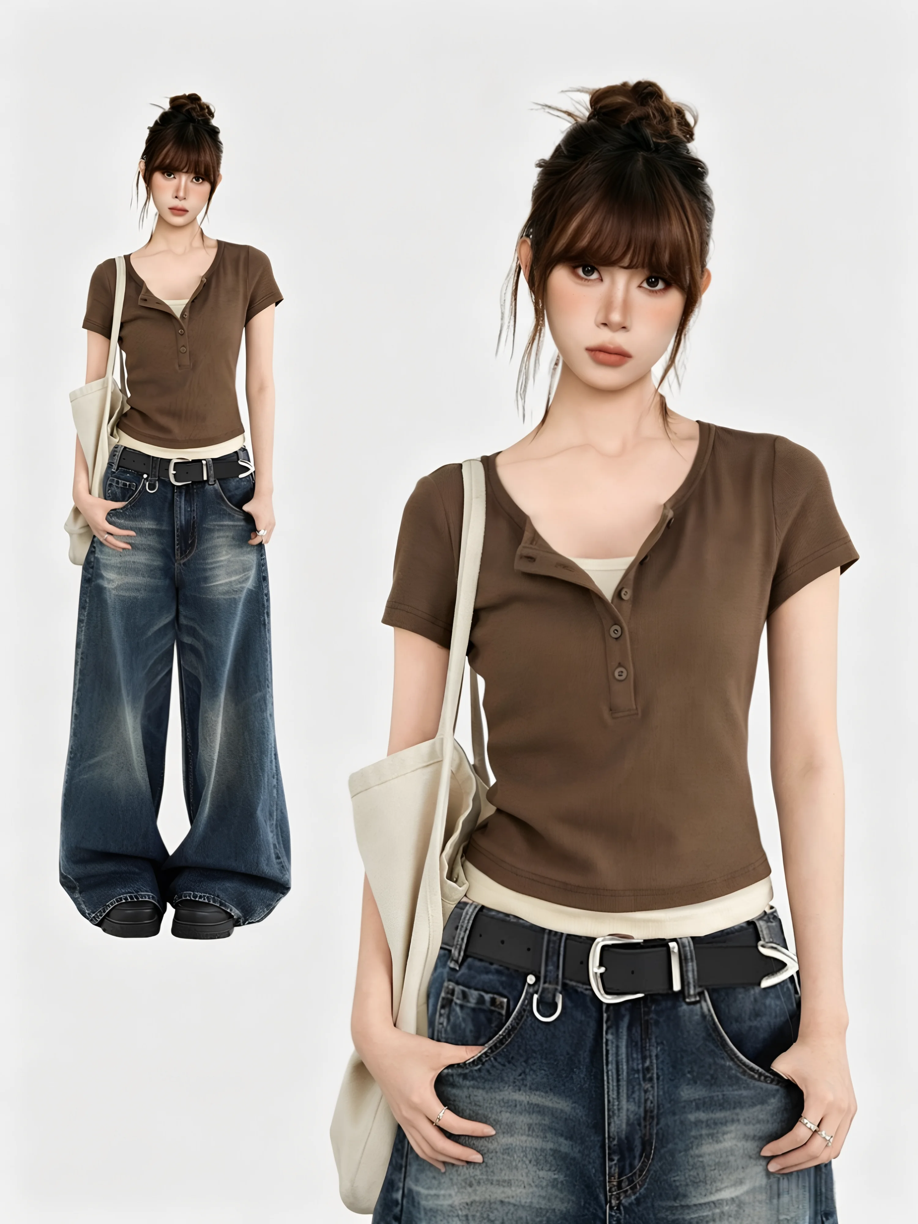 

Summer Short Sleeve T-Shirt 95 Cotton Henry Collar Women's Fashion Casual Color Large Size plus Size Versatile Shoulder...