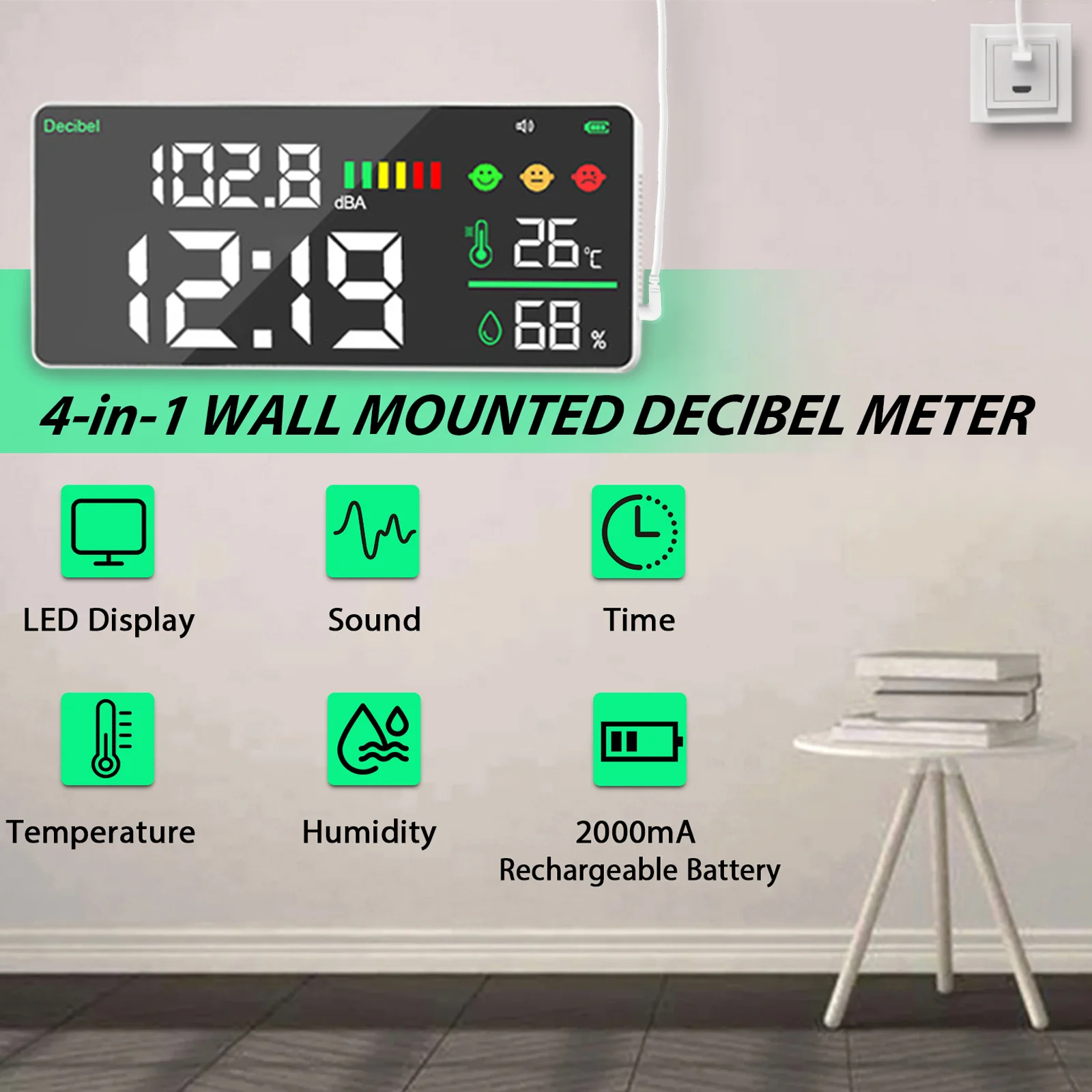 

Sleek 4-in-1 Wall-Mountable Sound Level Meter - 11-Inch Vibrant LED Display, 30-130dB Decibel Range, Versatile Noise Monitoring