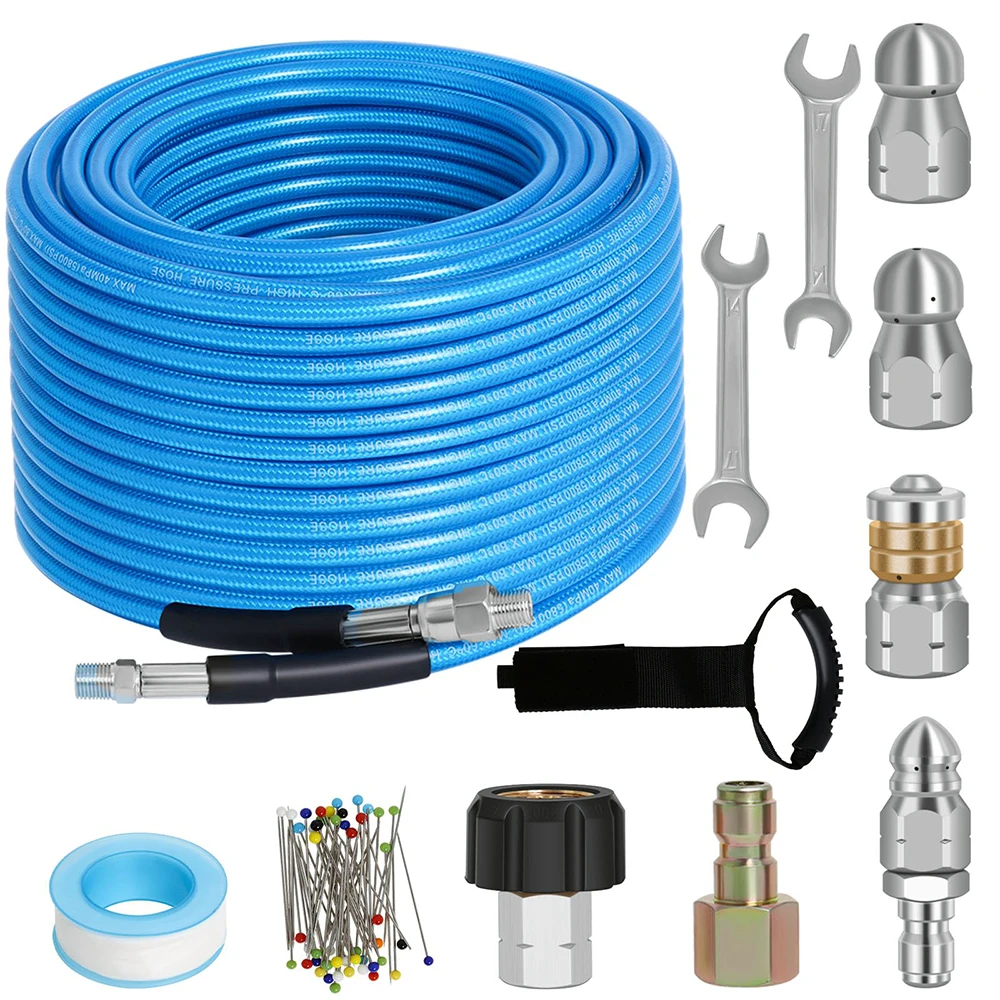 30M Sewer Jetter Kit for Pressure Washer 5800PSI Water Jet Drain Cleaner Hose 1/4 Inch NPT Corner with 4 Sewer Jetting Nozzles