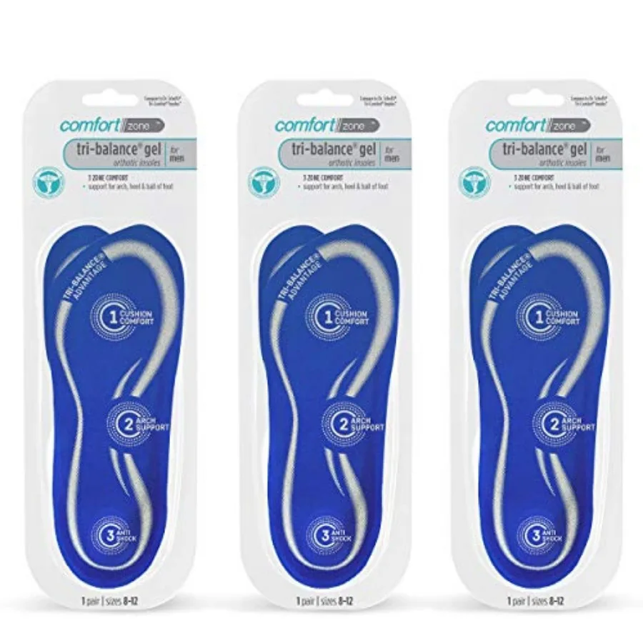 

Comfort Zone Tri-Balance Gel Orthotic Insoles for Men, Durable and Cushioned, 3/4 Length Arch Support Gel Inserts for Mens Shoe