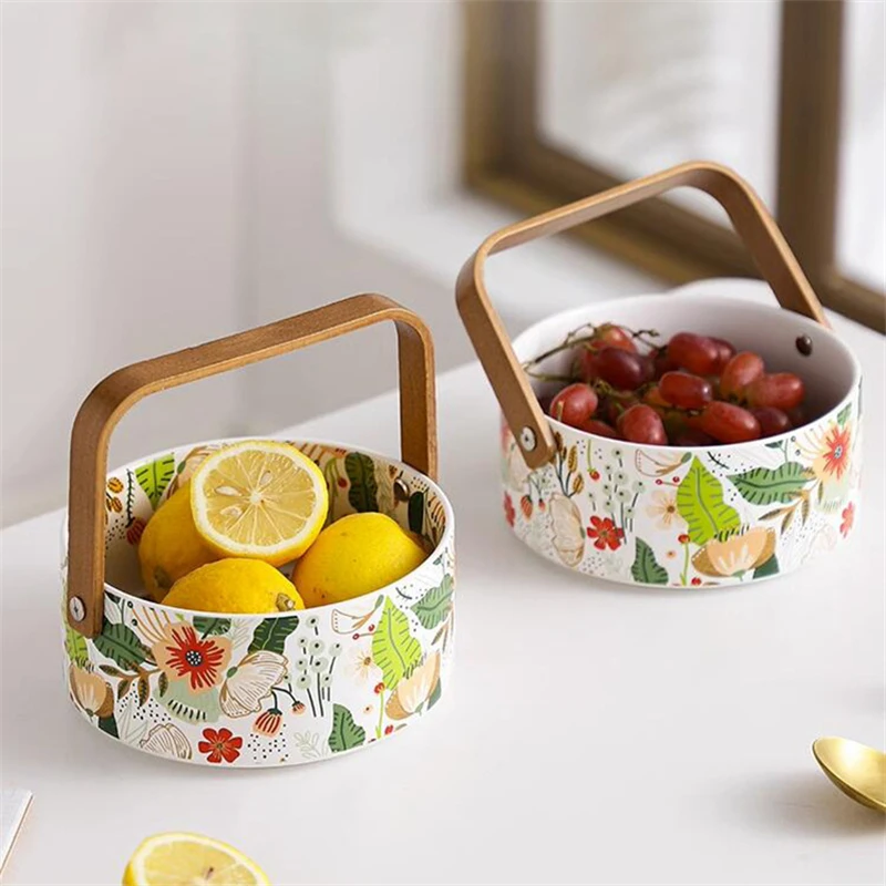 

Plant Flower Printing Series Portable Fruit Basket Light Luxury Tableware Snack Ceramic Storage Basket Fresh Pastoral Style