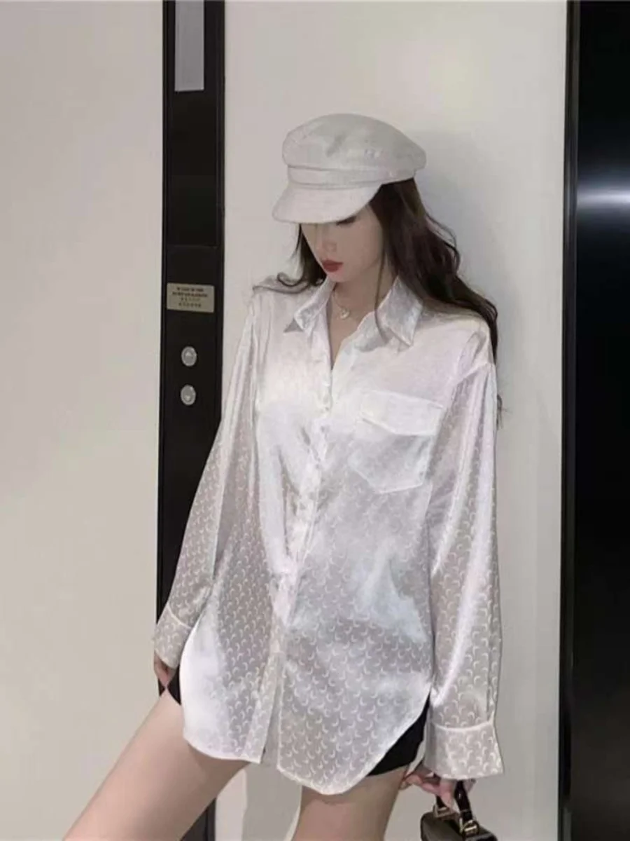 เสื้อเชิ้ตผ้าซาตินเอลีอะซิเตททรงหลวมสำหรับผู้หญิง แขนยาว ดีไซน์เรียบง่าย สไตล์เกาหลี ทรงตรง ติดกระดุม