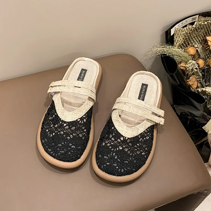 Große Damensandalen, Sommer, hohl, atmungsaktiv, Vintage-Hausschuhe, leicht, bequem, modisch, mit Schnallenriemen, lässige Wohnungen