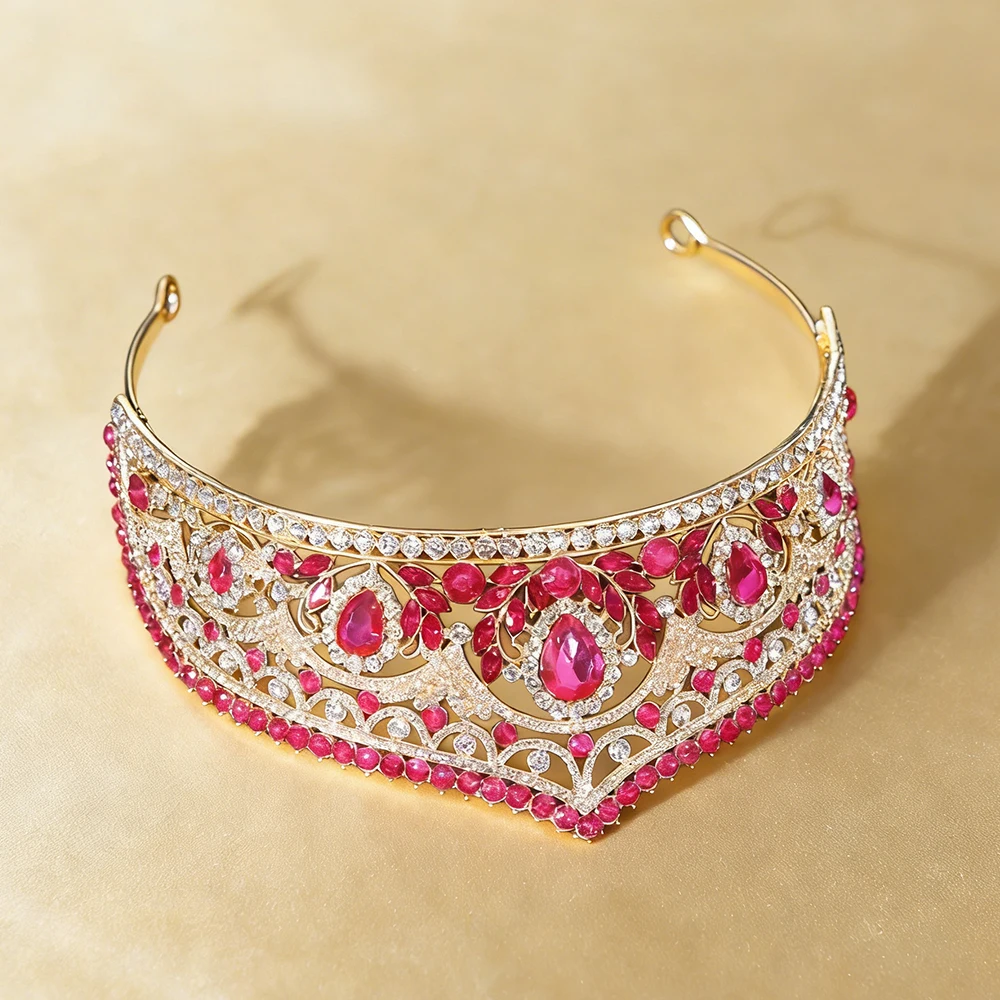 Gilded Red Blue-green Rhinestone Crown Retro Palace Style Luxurious Hair Crown Large Gemstone Inlay Banquet Bride Queen Design view 5