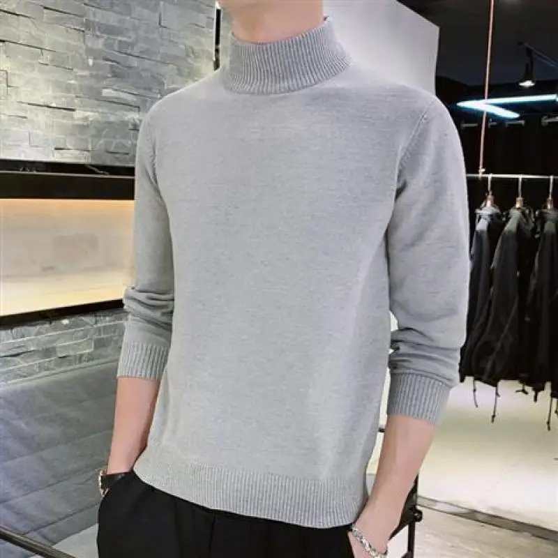 2023 Autumn and Winter Korean Casual Pullover Solid Color Simple Half High Neck Slim Fitting Long Sleeved Men\'s Knitted Sweater