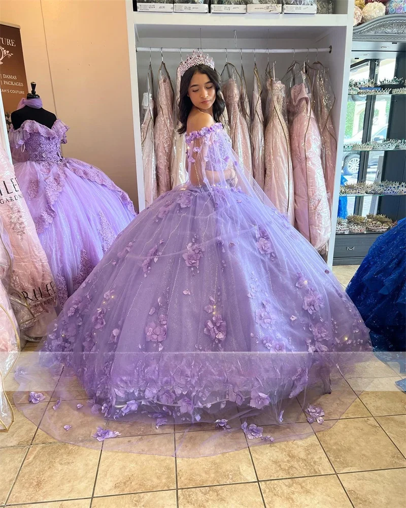 Lavender Flowers Princess Quinceanera Dresses 2022 With Detached Cape Beads Crystal Sweet 16 Dress Vestido De 15 Años Lace-Up