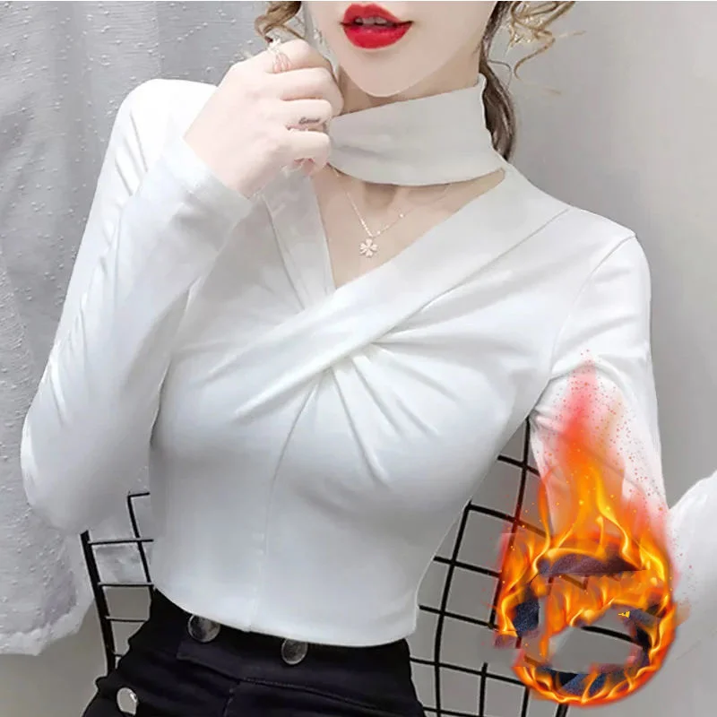 Spring Autumn New Women\'s Solid Color Hollow Out V-Neck Cross Connection Folds T-shirt Fashion Versatile Long Sleeve Tops