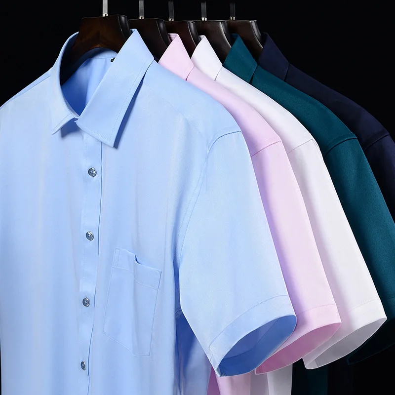 Men's Regular-fit Shirts Short Sleeve Stretch Easy Care Formal Business Blue Office Working Wear No Iron Solid Social Dress Tops