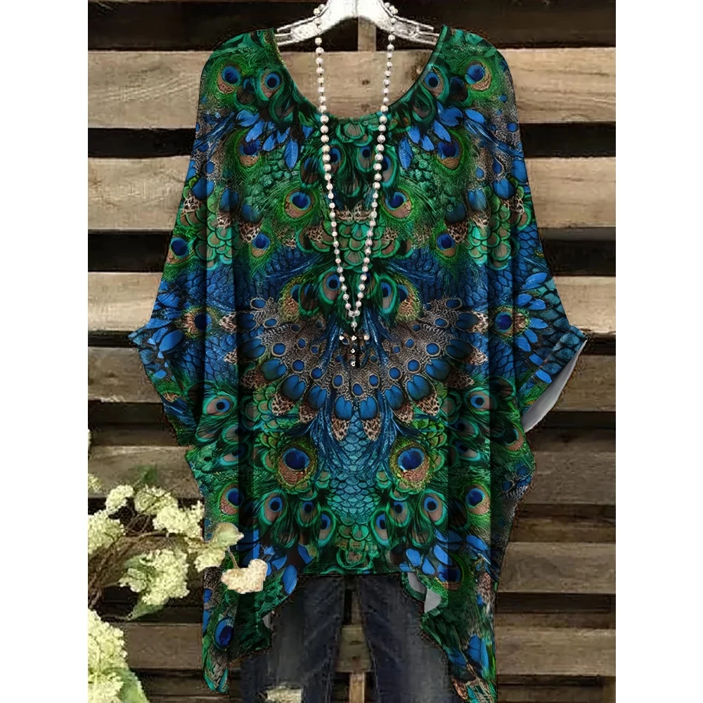 New Woman Elegant Peacock Print T-Shirts Casual Loose Machine Washable O-Neck Short Sleeve Summer Fashion Streetwear Clothing