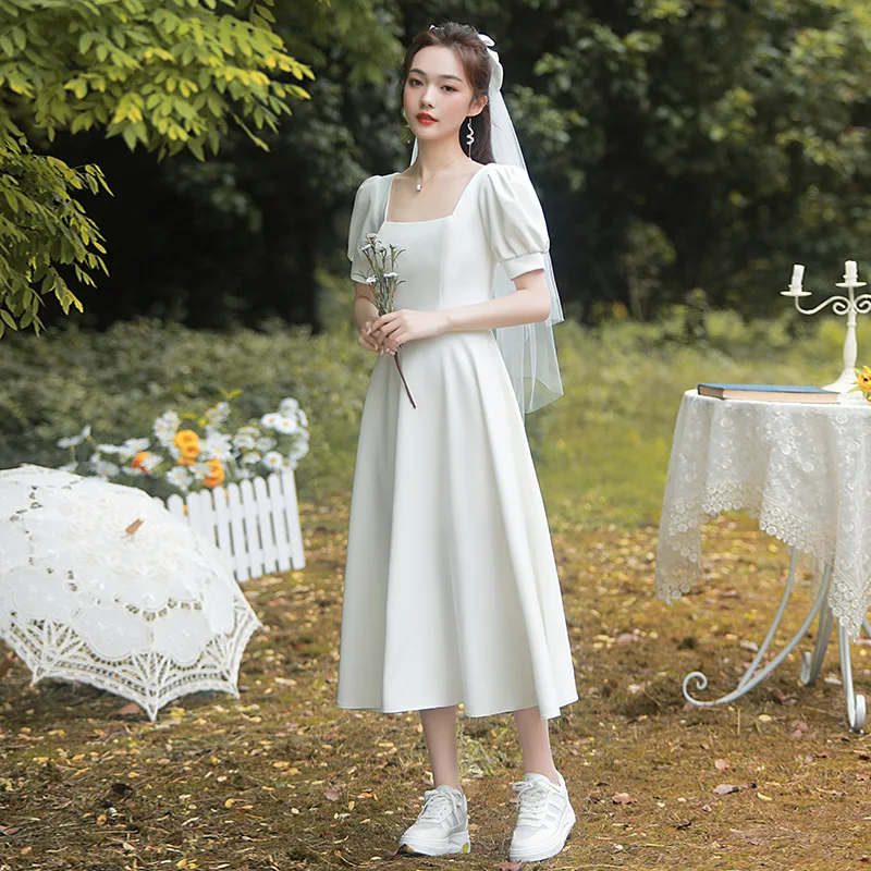 Vestido de noche blanco con cuello cuadrado para mujer, manga farol, cremallera trasera, línea A, vestidos formales, Cheongsam, elegante