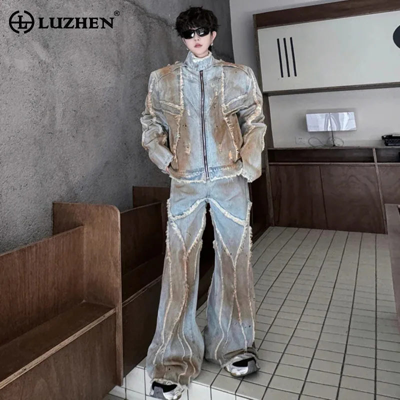 

LUZHEN Denim Jacket Two Piece Set High Street Clothing Wornout Burr Design Original Trendy Personalized Men Straight Jean LZ5004