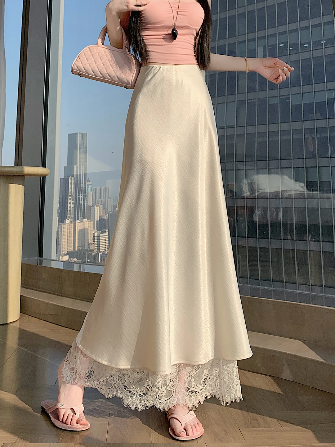 

Элегантная шелковая атласная юбка миди с кружевными вставками, женская летняя новинка 2026 года, с завышенной талией, приталенная, А-силуэт, длинная юбка