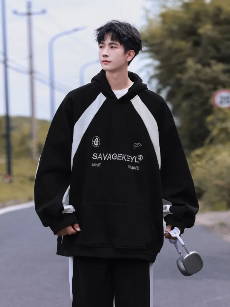 

Молодежная толстовка с капюшоном, мужская толстовка свободного кроя в американском ретро-стиле с пэчворком, модный спортивный комплект, повседневная удобная одежда