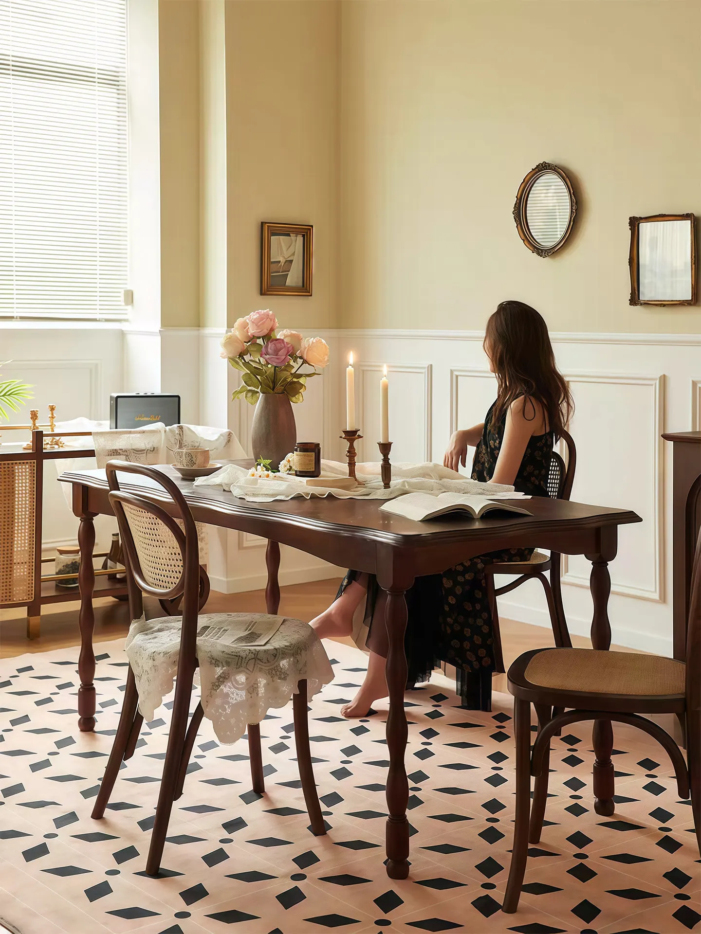 Italian dining table solid wood household iris rectangular method medieval small apartment office dining coffee light luxury