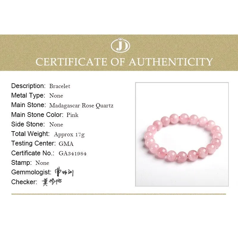 JD 5A Madagascar Natural Rose Quartz Bead Bracelet Women Girls Fashion Stone Handmade Strength Yoga Healing Energy Jewelry Gift