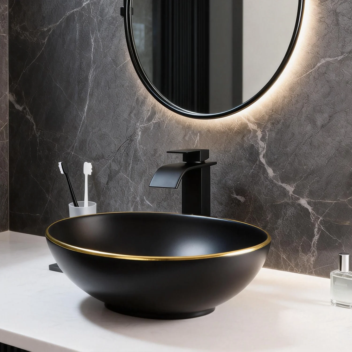 Torayvino Modern Bathroom Vessel Sink Black Ceramic Wash Basin Sink Bowl Countertop Bathrooms Vainty with Waterfall Mixer Faucet