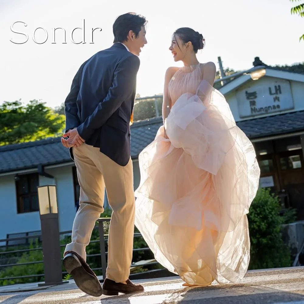 

Sondr Customized Pink Korean Evening Dresses O-Neck Sleeveless Soft Tulle Korean Wedding Dresses Long Prom Party Gown 2026