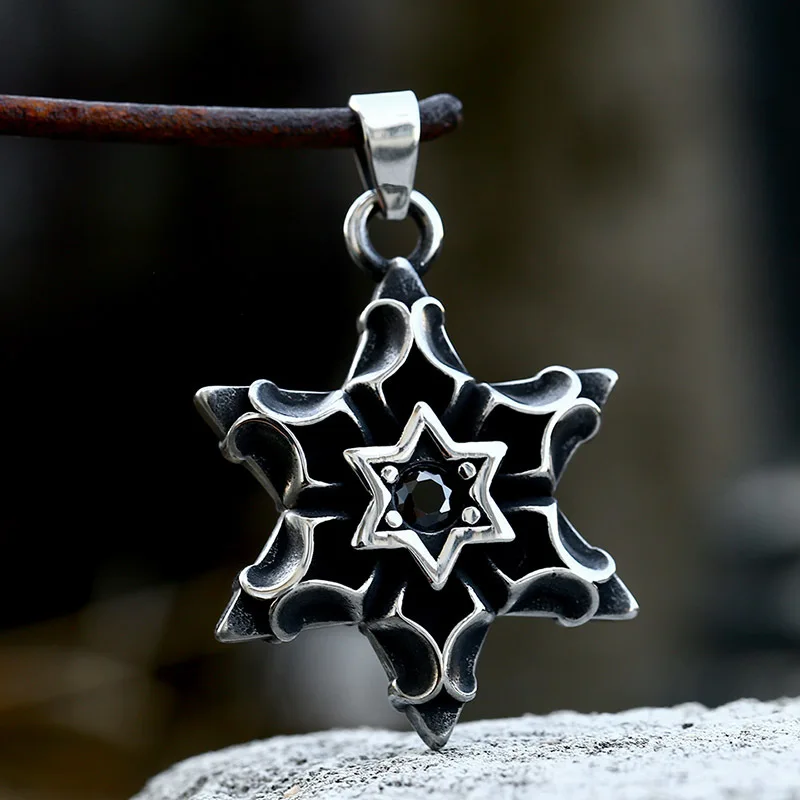 Punk Style Retro Men's Pendant Stainless Steel Six Pointed Star Gemstone Necklace Chain