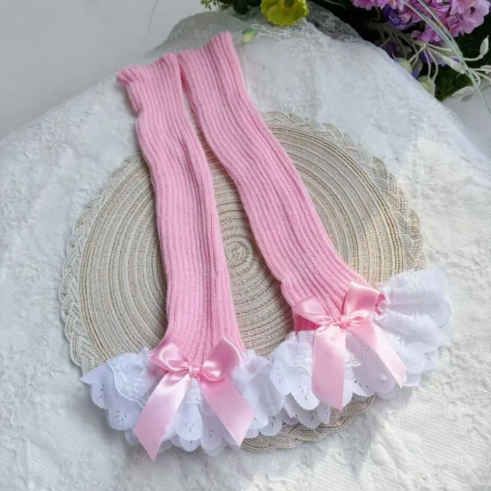 Flared Design Knitted Leg Warmers Bow Accent Tiered Ruffled Hem Knee High Socks Foot Cover Keep Warm Leg Horn Warmers For Women