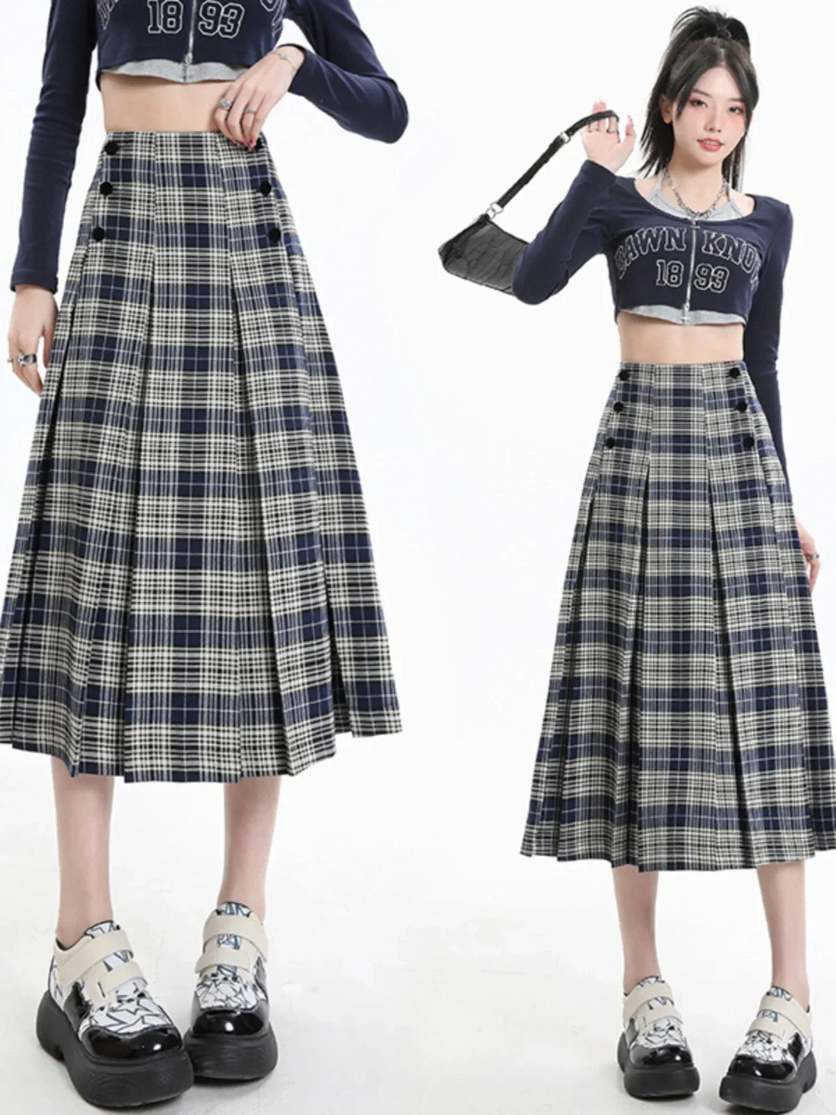 Women\'s Grey Plaid  A-line Pleated Skirt Vintage Y2k Long Skirt 90s Aesthetic Korean Elegant Preppy Style Skirts 2000s Clothes