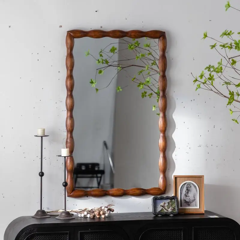 

Mid-Century Modern Wall-Mounted Mirror, HD Non-Deformable Solid Wood Frame, Brown Finish, Ideal for Bedroom & Living Room