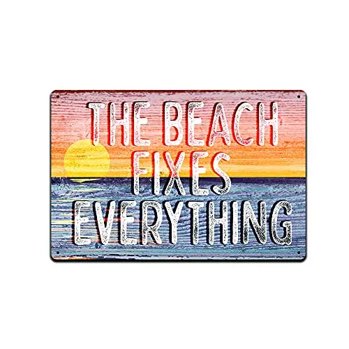 Tin Signs for Beach House Patio Décor - Aluminum Metal Sign for Pool, Lake or Ocean Beach 12 x 8 in. Weather Resistant (The Beac