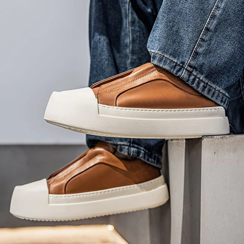 

Leosoxs Men's Retro Brown PU Leather Lightweight Platform Casual Sneakers with Elastic Band for Comfort