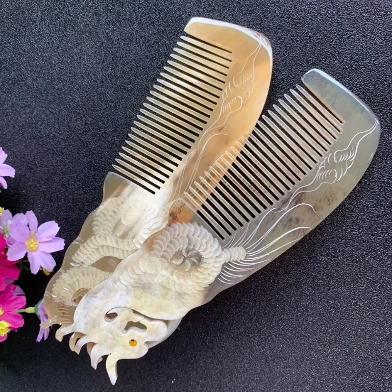 Handmade Natural Ox Horn Comb Anti Static Buffalo Combs Dragon Phoenix Carving Professional Detangling Massage Fine Tooth Comb