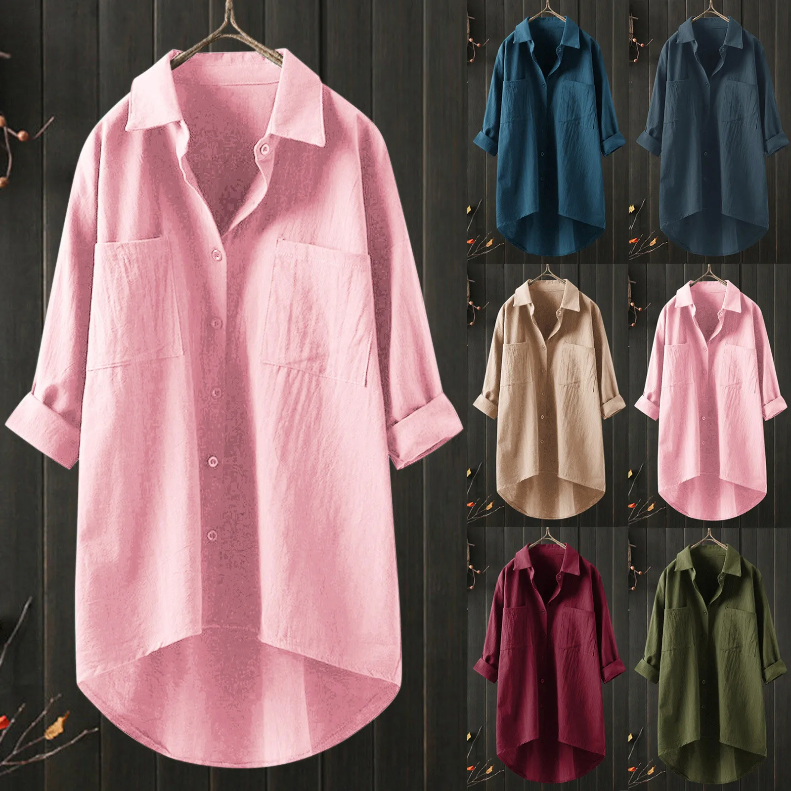 

Solid Shirt Women Casual Cotton Linen Shirts Blouse Loose Dress Lapel Neck Button Long Sleeve Cardigan Beachwear Clothes Blusas