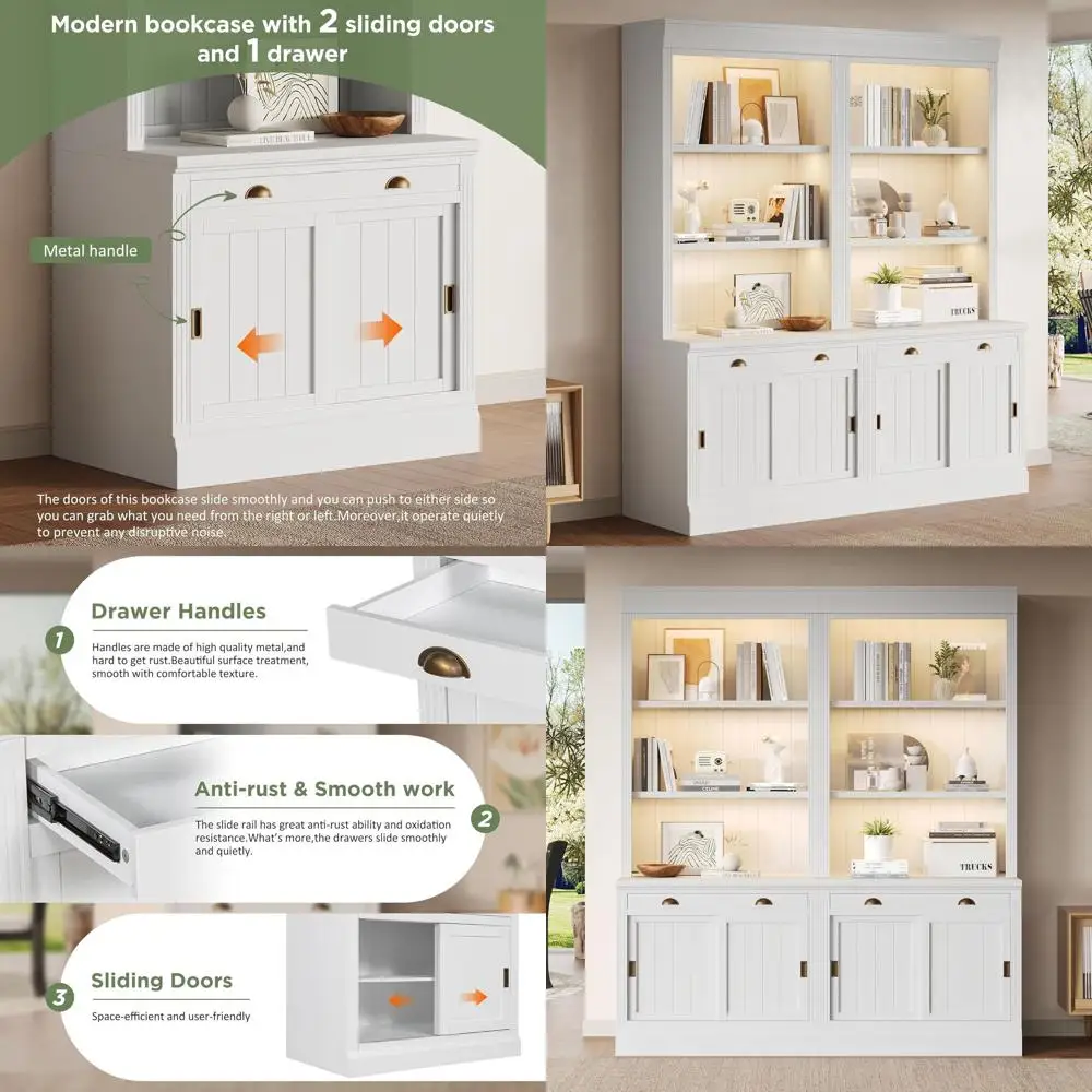 

83.4" Tall White Bookshel with LED Lighting, 2 Pieodern Wood Bookcase with Sliding Doand Der,Storage Bookcase with Open Shelves