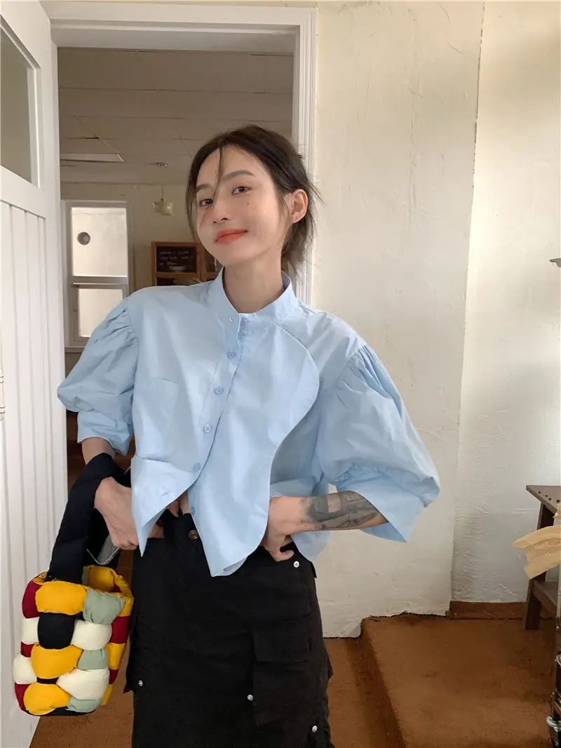 French Stand Collar Loose Sweet Solid Color Single Breasted Shirt 2024 Design Summer Tender Grace Comfortable Puff Sleeve Tops