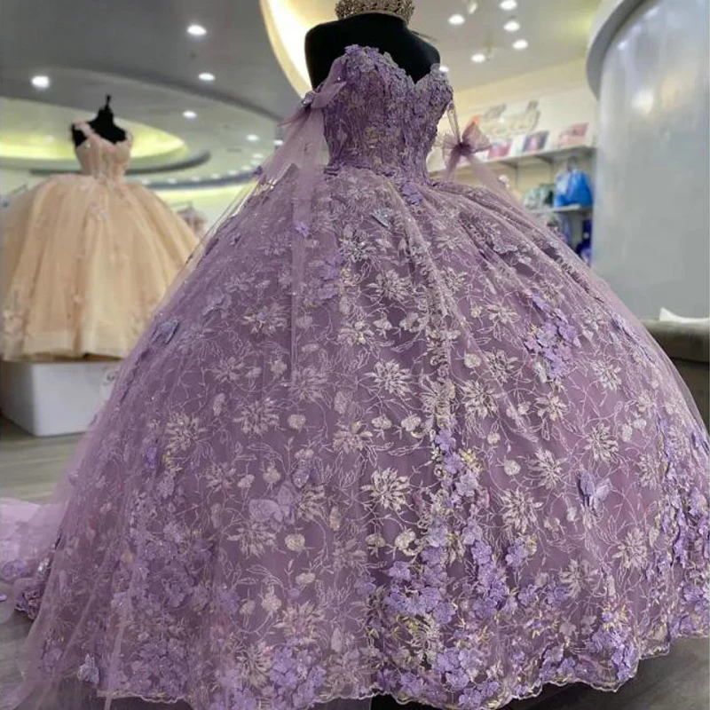 

Lilac Glitter Crystal Sequined Ribbons Ball Gown Quinceanera Dresses Off The Shoulder Appliques Lace Corset Vestido De 15 Anos