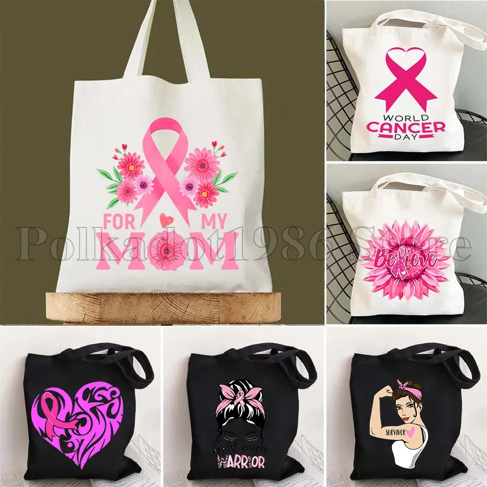 

Women Breast Cancer Pink Ribbon Awareness Canvas Shoulder Tote Bag Harajuku Handbag Eco Shopper Reusable Foldable Shopping Bags