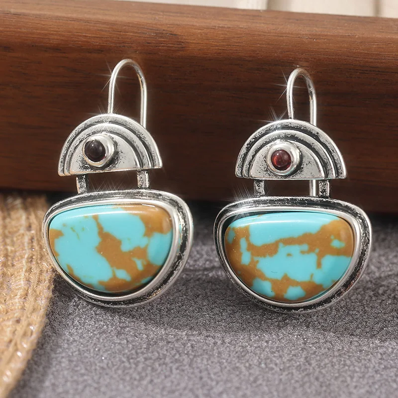 Vintage-Ohrringe im Bohemian-Stil mit Türkis-Einlage, Tropfenohrringe für Damen, Ethno-Stil, Urlaub, Strandparty, Schmuck, Geschenk