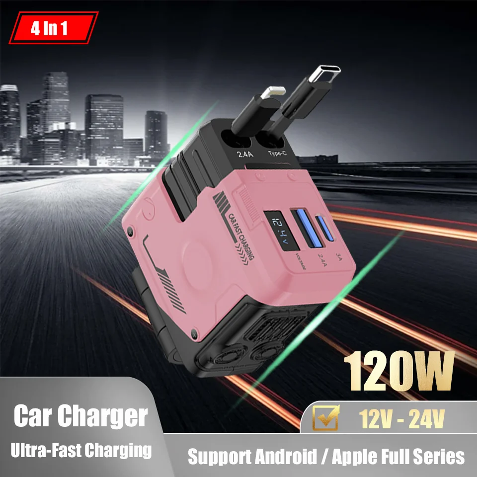 

2024 New Car Charger 120W Super Fast Charging Flash Charger Retractable Cable Mechanical Wind Curtain Display 4-in-1 Universal