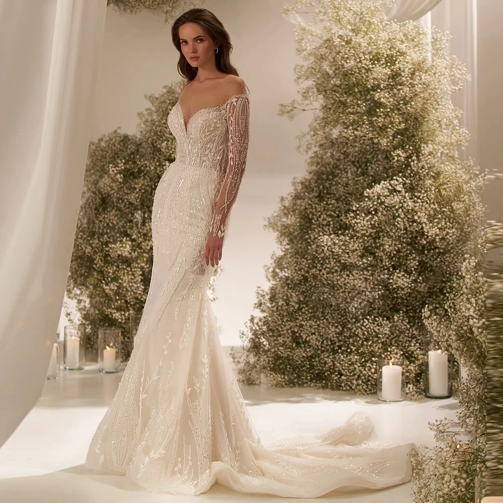 Customized Luxury Beading Organza Wedding Dresses Sexy Sweetheart Long Sleeves Robe de mariée Mermaid Court Train Bridal Gown