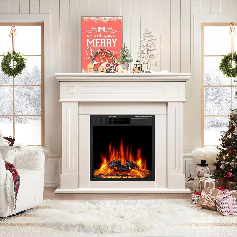 

Electric Fireplace with Mantel Package Freestanding Fireplace Heater Corner Firebox with Log & Remote Control, 750-1500W, Cream