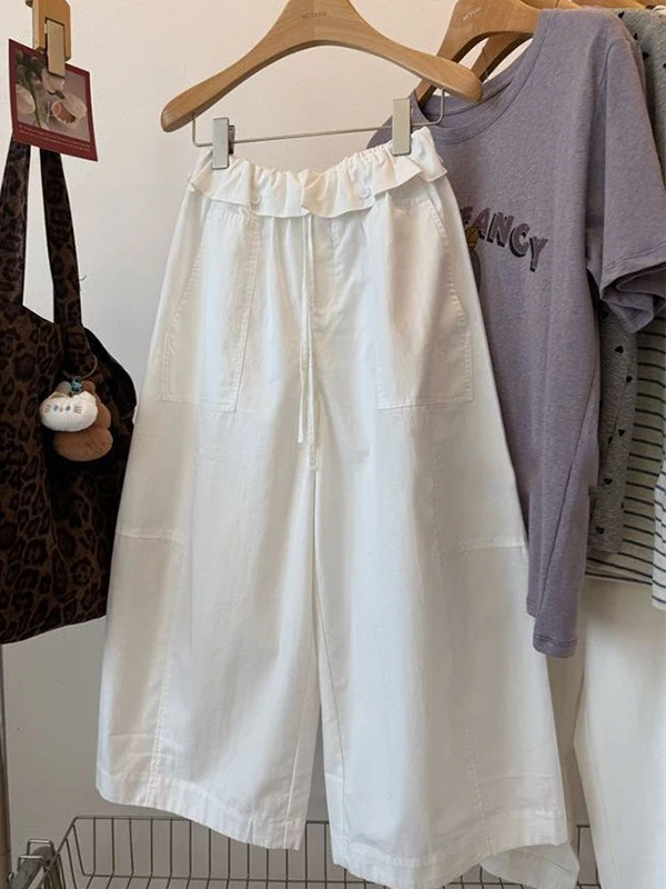 

plus Size Women's Casual High Waist Wide Leg Pants Floral Trim Summer Loose Comfortable Eighteen Straight Tube Pants