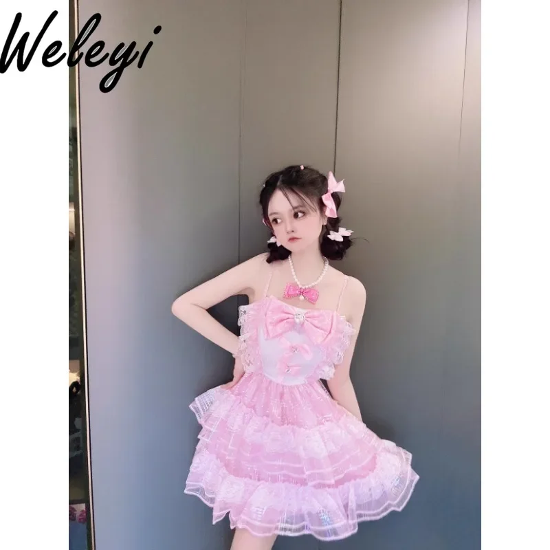 Lolita Kawaii Sling Dress Women\'s Fashion Summer Clothing New Cute Sweet Shiny Pink Bow Rojita A Line Elegant Princess Dresses