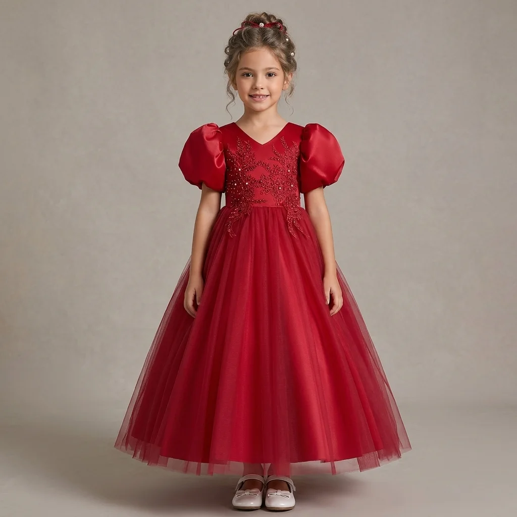 Girls Fairy Tale Princess Tulle Long Gown with Bubble Sleeves Flower Girl Stage Performance Dress for Birthday & Special Events