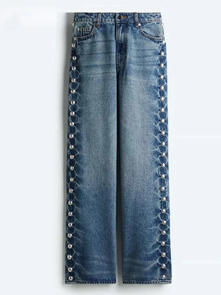 Pantalones vaqueros con cuentas de calle para mujer, pantalones vaqueros rectos a la moda con bolsillos de cintura alta para mujer, pantalones Vintage Y2k para primavera y verano
