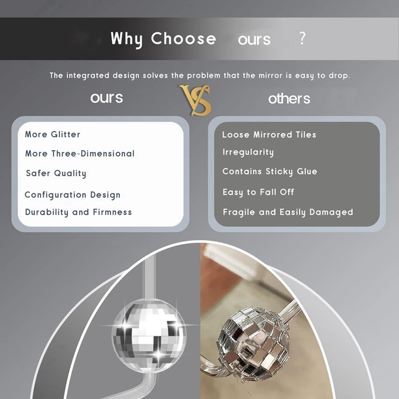 パーティーデコレーション用ディスコボールストロー、ミニシルバーデコレーション、パーティー用品、耐久性、70年代、16個