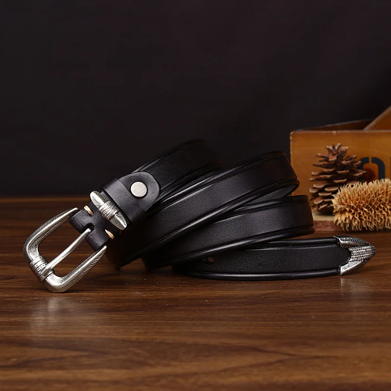 2.4CM Wide Handmade Women's Belt with Needle Buckle Vintage Fashion Casual Versatile Leather Waist Belt for Pants