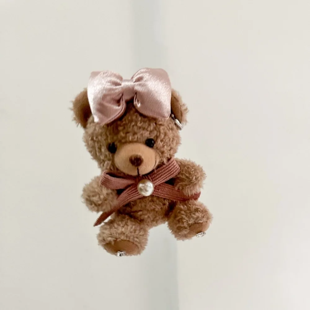 Bonito marrom urso de pelúcia chaveiro artesanal doce arco urso telefone volta clipe criativo kawaii fluff animal de pelúcia chaveiros