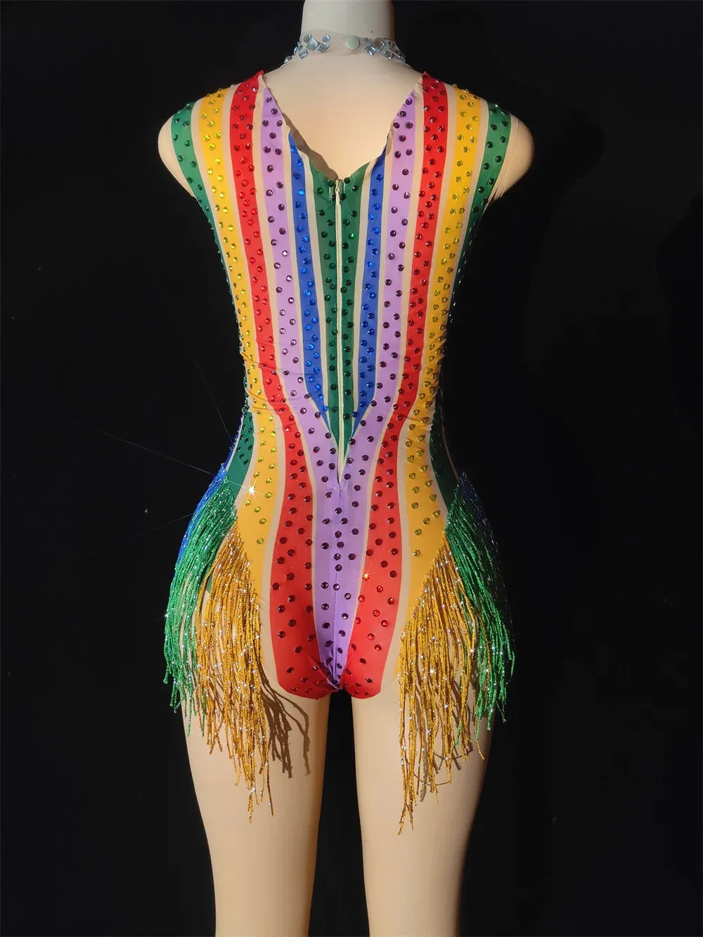 Rainbow Stripes Rhinestones Tassel Bodysuit Sexy DJ Nightclub Stage Performance Costume Crystal Mesh Fringe Leotard Dance Outfit
