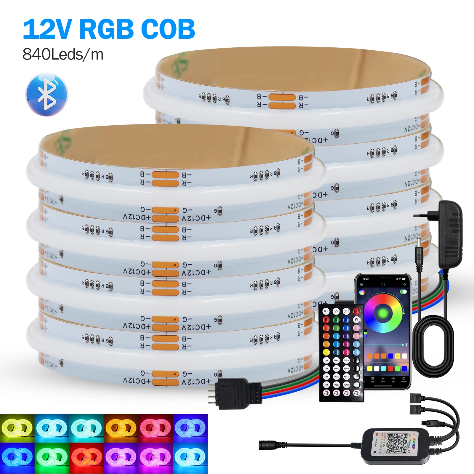 Tira de luz led cob bluetooth 840 leds rgb sonho fita flexível colorida dc12v 24v fita iluminação linear com controle remoto