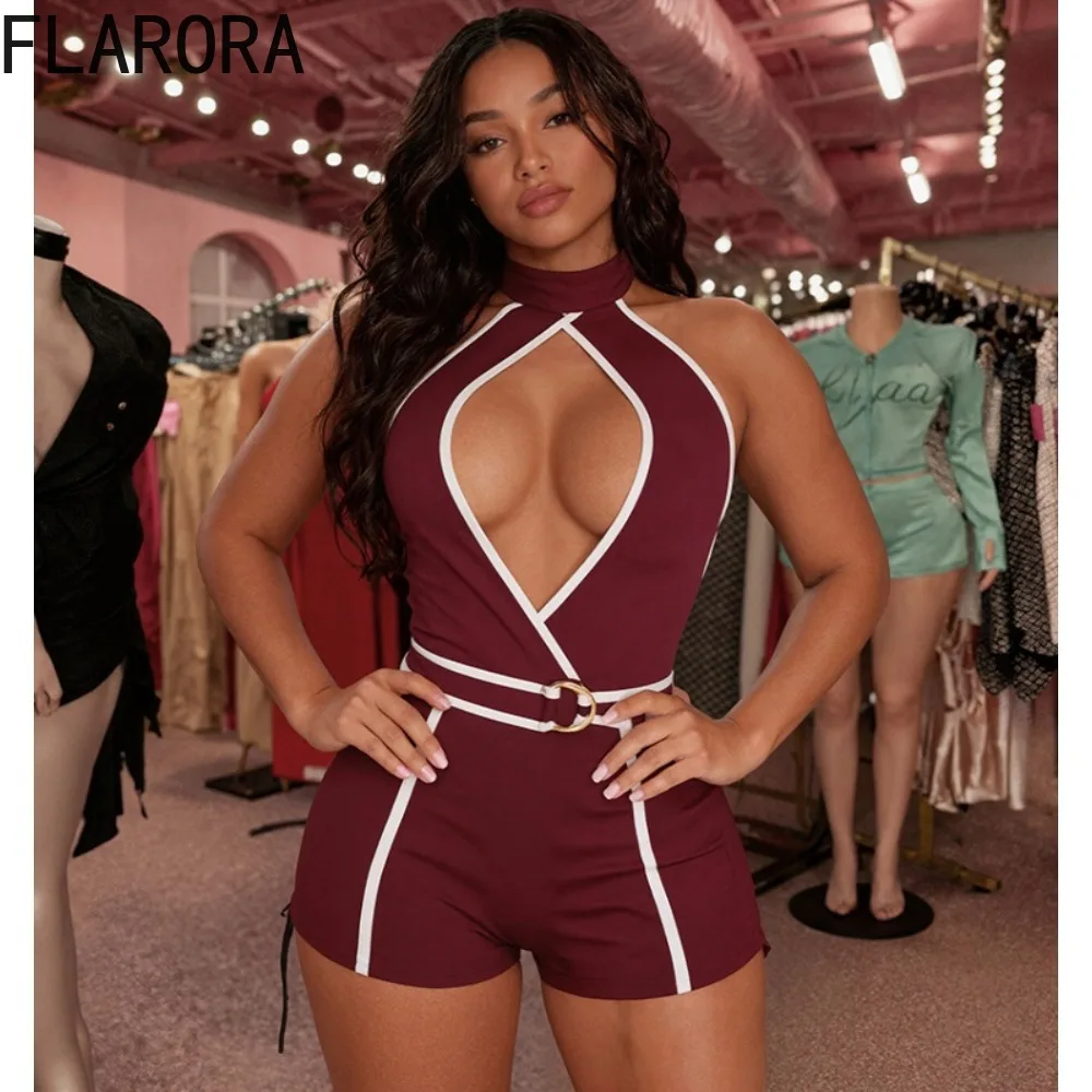 

FLARORA Trend Line Patchwork Rompers Woman Sexy Halter Hollow Out Sleeveless Bandage Backless Skinny Playsuits Hottie Streetwear
