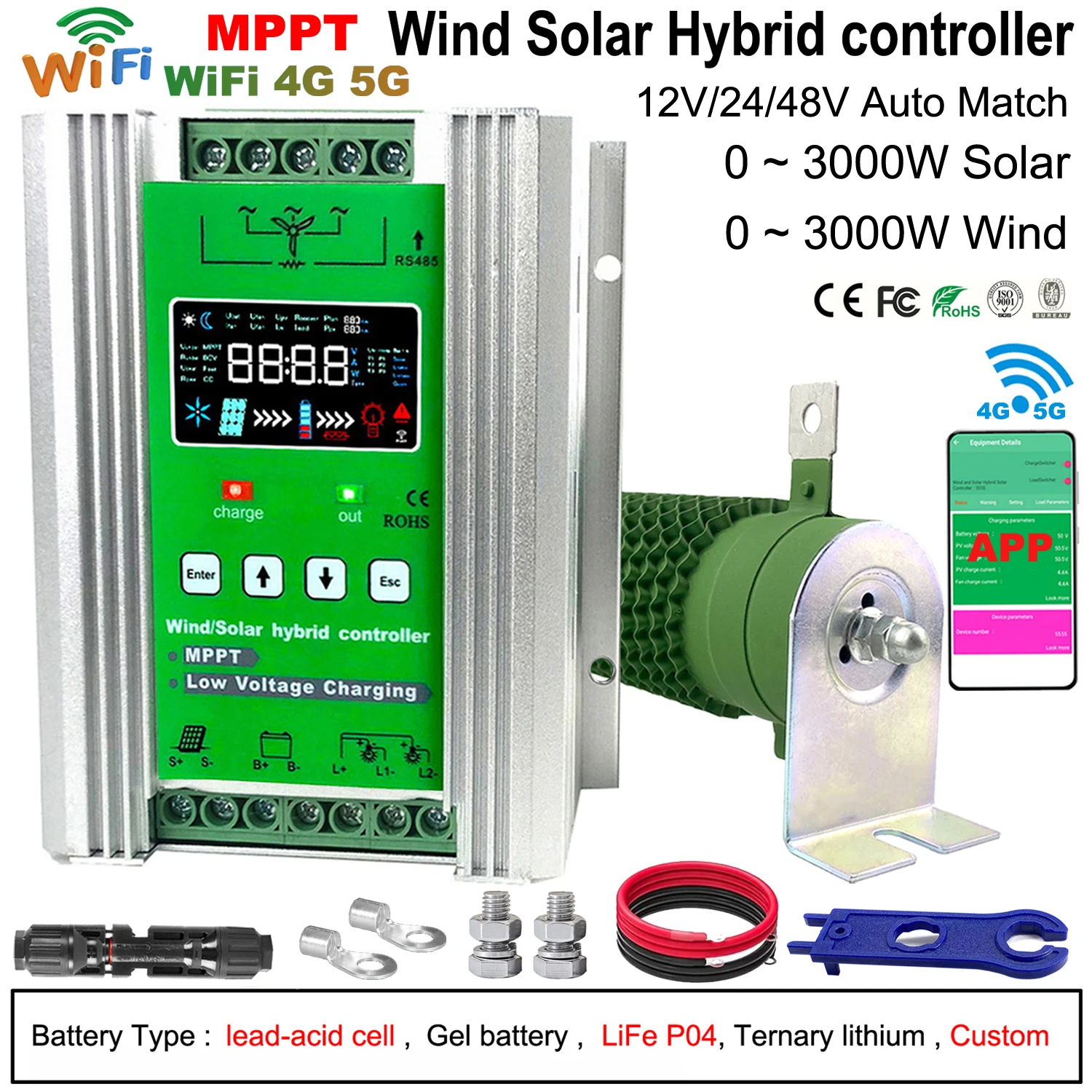 MARS 12V 24V 48V MPPT 1KW 1200W 1500W 2000W 3000W 4000W Hybrid Wind Solar Charge Controller With Free Dump load wifi All Battery