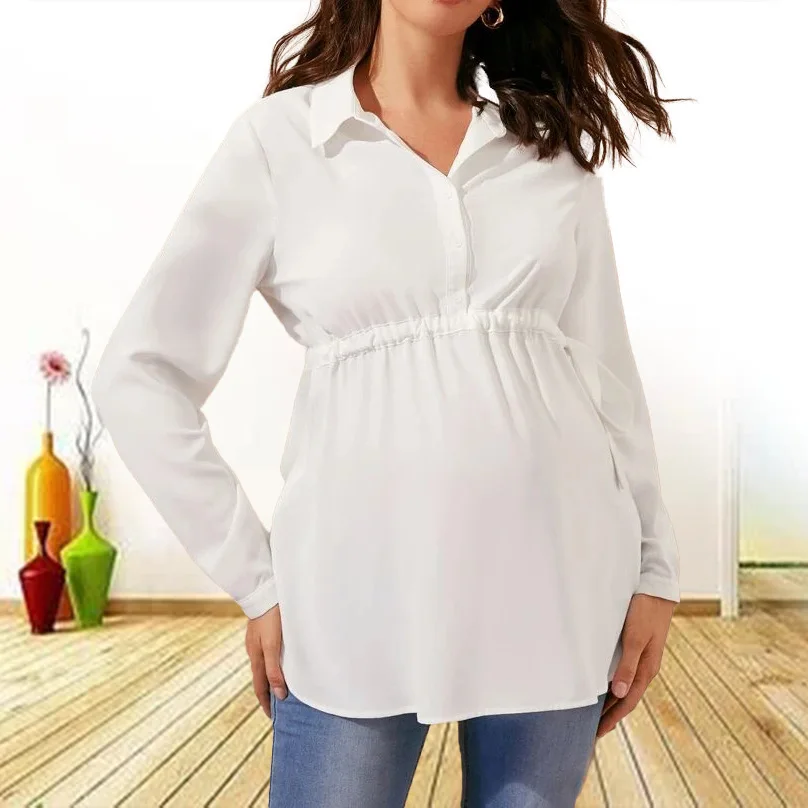 2024 Solid V-neck Long sleeved Maternity Top Casual Womens Pregnant Maternity Clothes Nursing Tops Breastfeeding Shirt